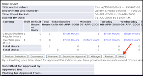 Time sheet with arrow pointing to Next button