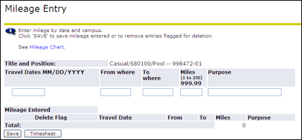 Mileage Entry screen
