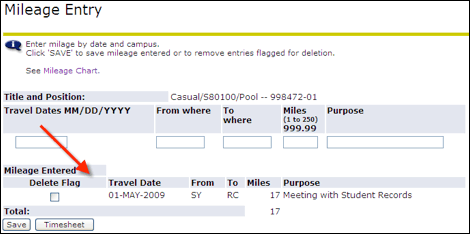 Mileage Entry screen with arrow to where mileage displays after entering