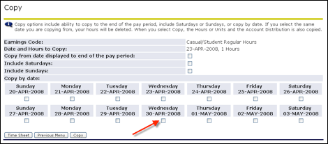 Copy screen with arrow to Wednesday, April 30, 2008