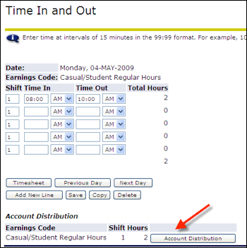 Time In and Out screen with arrow point to Account Distribution button