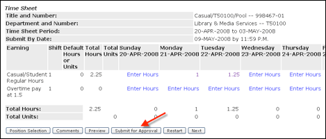 Timesheet screen with arrow to Submit for Approval button