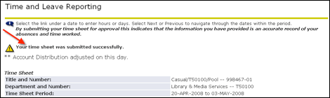 Time and Leave Reporting screen with a message saying Your timesheet was submitted succesfully.