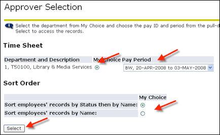 Approver Selection with arrows to Department, Pay Period, Sort order, and Select button