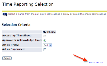 Time Reporting Selection window with arrow to Proxy Set Up text link