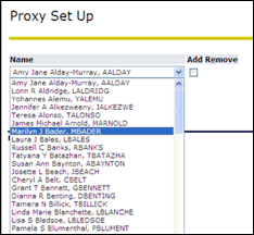 Proxy Set Up screen with drop down list of managers