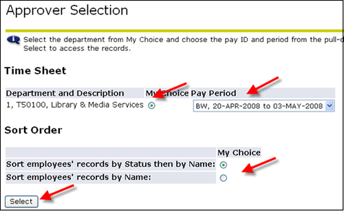 Approver Selection with arrows to Department, Pay Period, Sort order, and Select button