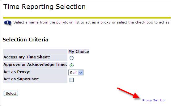 time reporting selection screen, arrow pointed to proxy set up