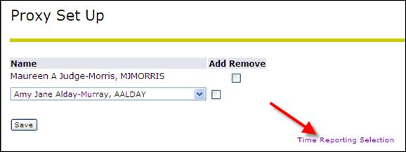 proxy set up - arrow pointed to time reporting selection.