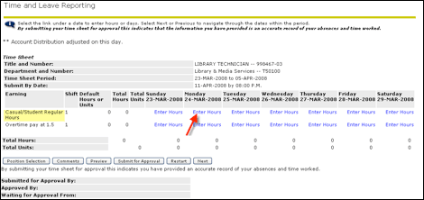 Enter Hours under Date column