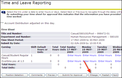 Time and Leave Reporting screen with arrow to Mileage button
