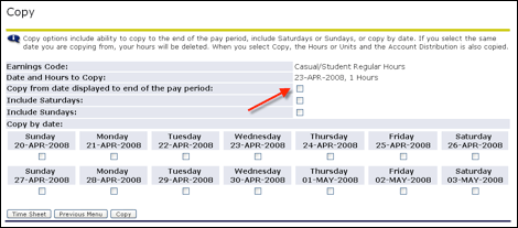 Copy screen with arrow to Copy from date displayed to end of pay period option