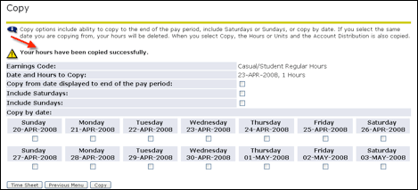 Copy screen with confirmation message "Your hours have been successfully copied."
