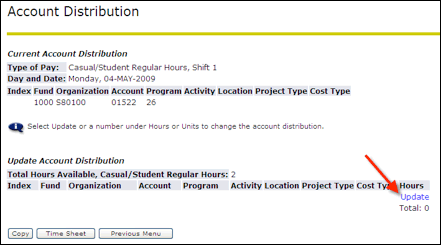 Account Distribution screen with arrow pointing to Update text link