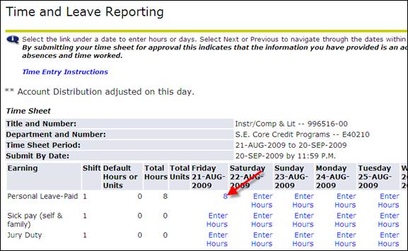 Time and leave reporting screen - hours