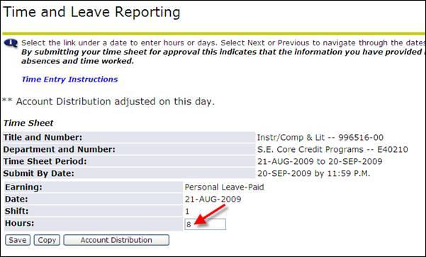 Time and leave reporting screen - change hours