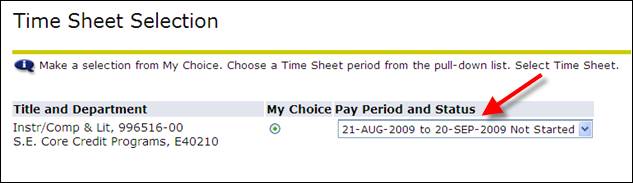 Timesheet selection screen - pay period and status menu