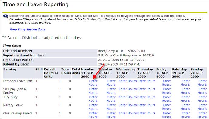 Time and Leave Reporting Screen - Enter hours link