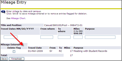 Mileage screen, arrow towards travel date