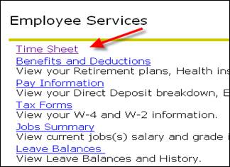 Employee services screen with timesheet menu item