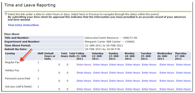 Time and Leave Reporting Screen - personal leave paid