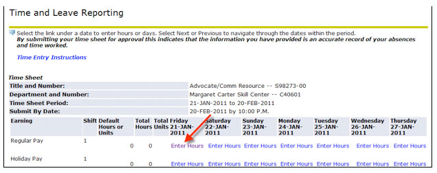 Time and Leave Reporting Screen - Enter hours link