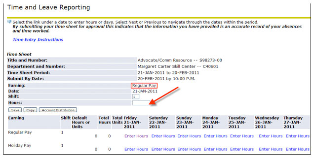 Time and Leave Reporting Screen - hours