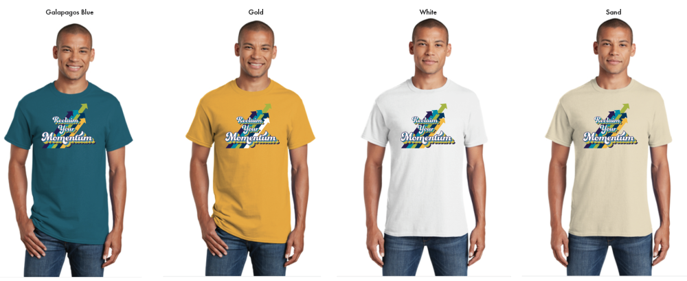 T-shirt colors: dark blue-green, golden yellow, white, and tan