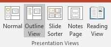 Screenshot showing available Presentation Views in PowerPoint 2016, including Slide/Normal and Outline views