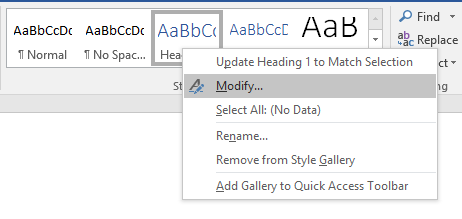 Modify Style by right clicking style in the design ribbon