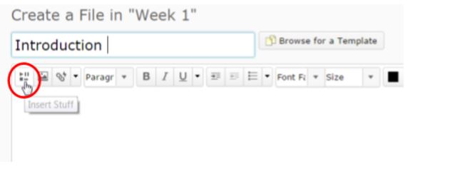 Picture of D2L's HTML editor tool bar and pointer on Insert Statuff tool