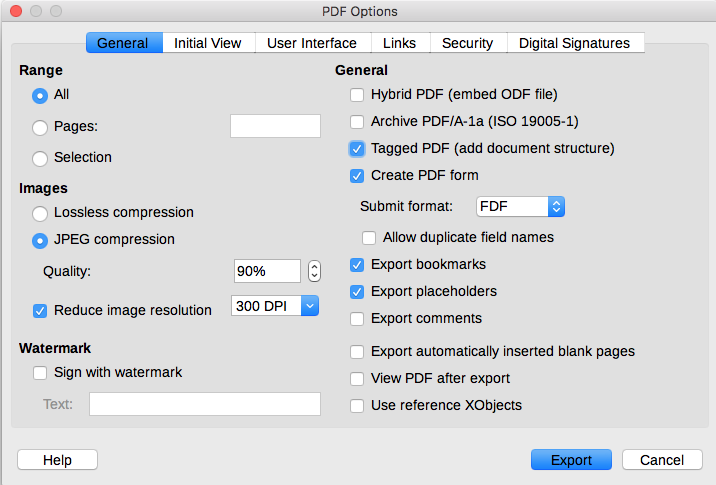 PDF Export window within Libre Office