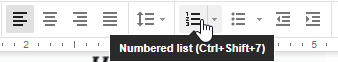 An image that identifies the number list button in the Google Doc toolbar.