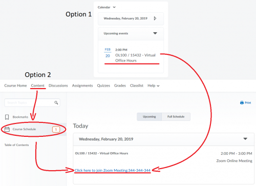 Image showing Zoom meeting room created in previous steps showing for students in the Calendar widget of D2L Brightspace (Course Home) and the Course Schedule section (Content)
