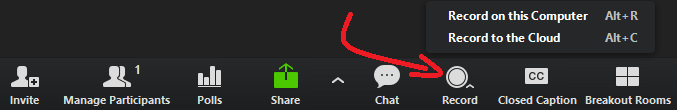 Image showing the Record button located in the toolbar when inside of a Zoom meeting room