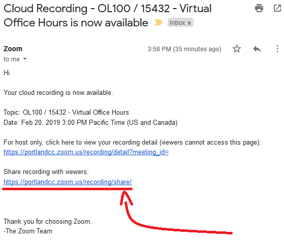 Image showing a copy of the email you receive from Zoom when a recording has processed and is ready to share
