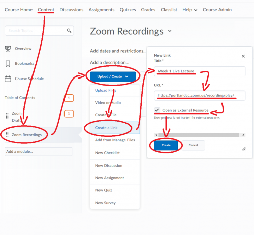 Image showing how to create a link within a Content module for your Zoom recordings. Create, Link, insert title and URL, set as external resource, click create.
