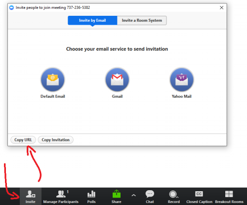 Image showing Invite window, accessed by clicking the Invite button within a Zoom Meeting Room. You can click Copy URL to automatically copy the room URL to your clipboard, which can then be pasted into an email