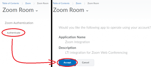 Click the Authenticate option and then click the Accept button to connect your D2L Brightspace account to Zoom