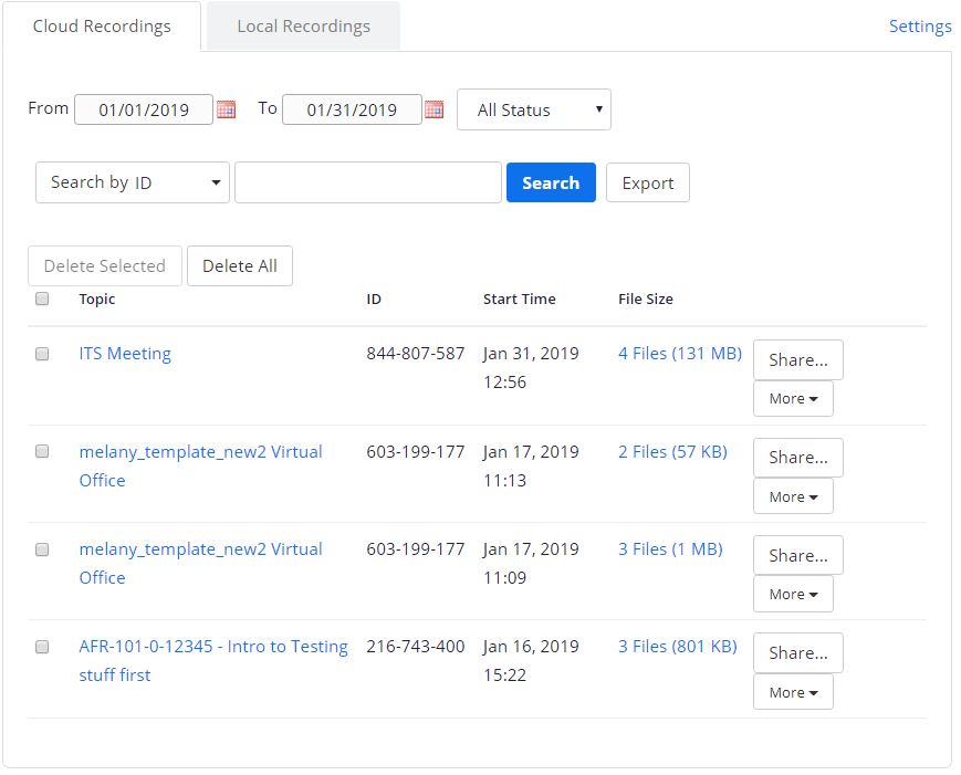 List of zoom cloud recordings