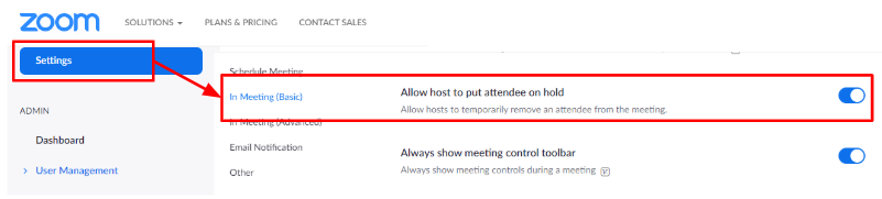zoom settings: allow host to put attendee on hold