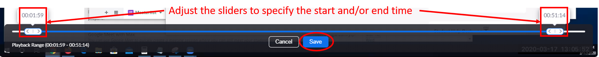 zoom-cloud recordings-adjust sliders-set playback range-save