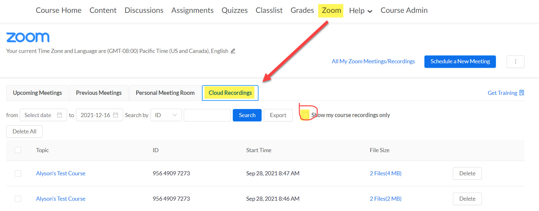 Zoom Cloud Recordings tab with the Show my course recordings only checkbox highlighted