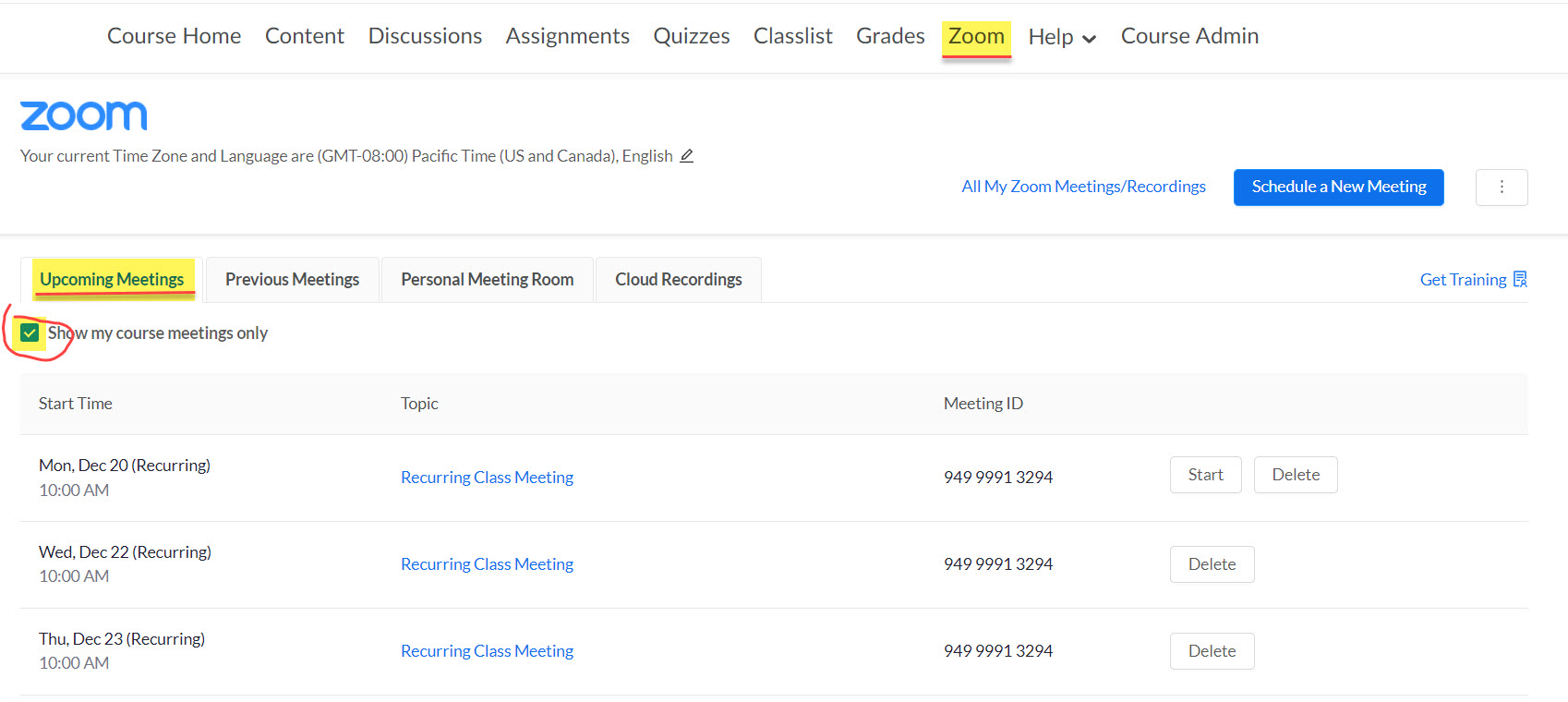 Zoom Upcoming Meetings tab with Show my course meetings only checked