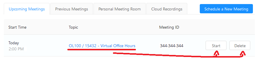 Zoom Upcoming Meetings tab highlighting the Start and Delete buttons