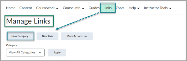 On the Manage Links page, click New Category.