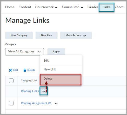 From the context menu of the link or link category you want to delete, click Delete