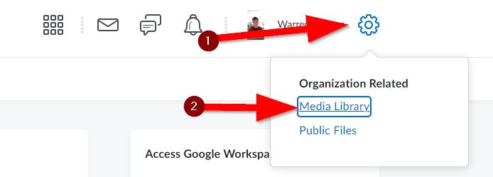 Image showing location of Media Library from the D2L Brightspace menu