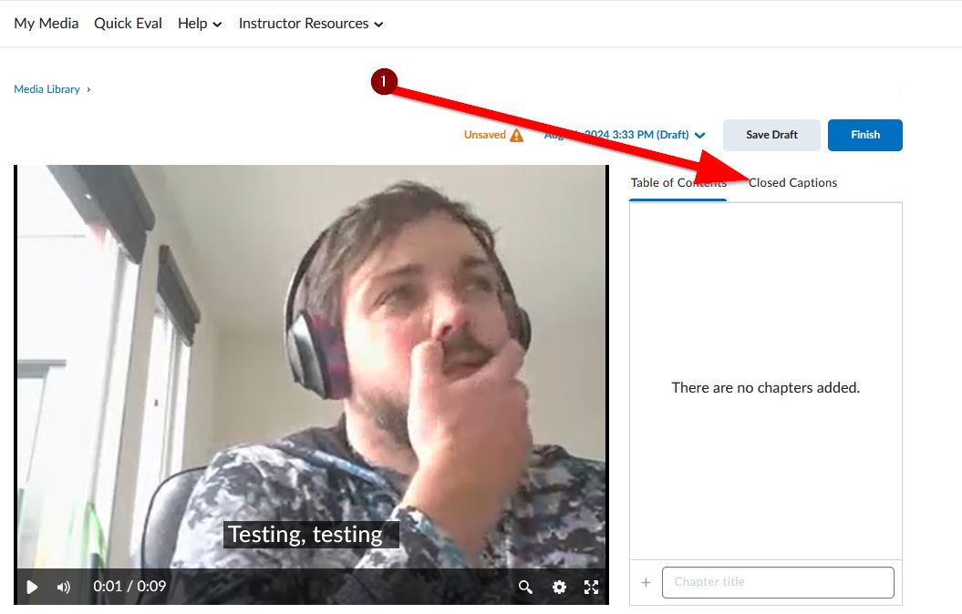 Image showing location of closed caption tab in note editor
