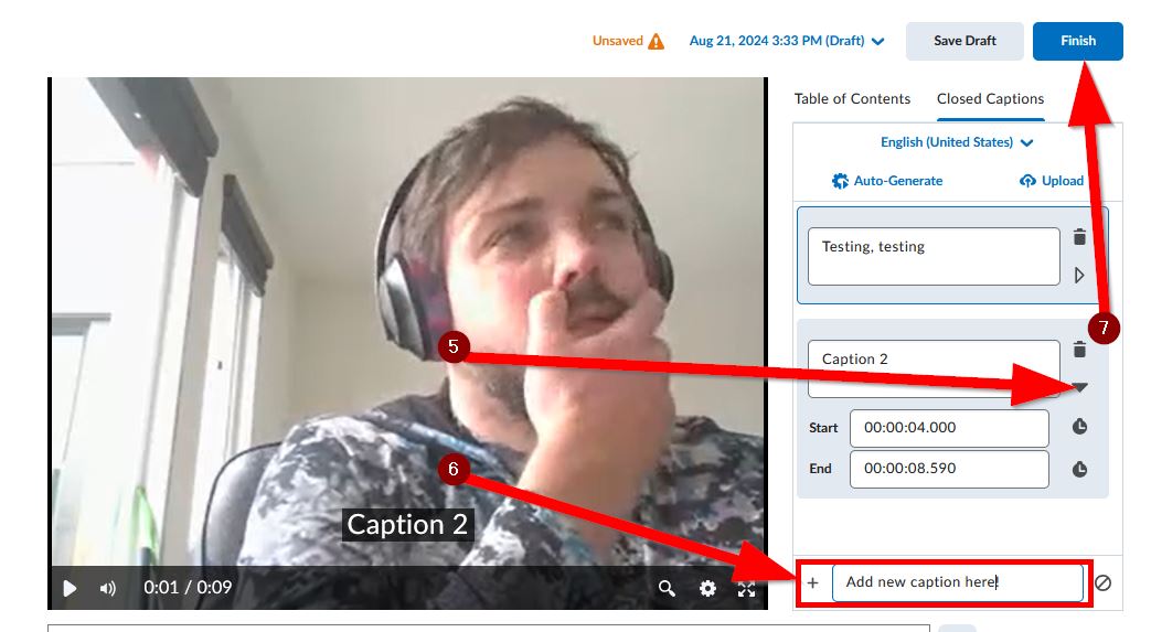 Image showing location of timestamp options, insert new caption block, and finish button